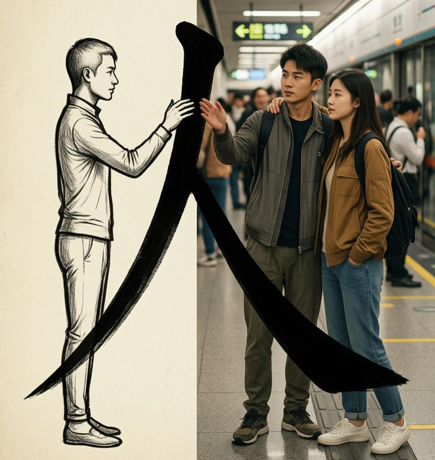 Split image showing Oracle Bone Script 'Ren' on the left and two modern Chinese professionals supporting each other on the right, depicting mutual support in Chinese social logic.